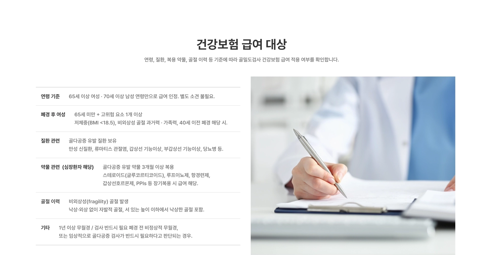 [건강보험 급여 대상] 연령 기준 65세 이상 여성·70세 이상 남성 폐경 후 여성 질환 관련 약물 관련(심장환자 해당) 골절 이력 기타 1년 이상 무월경
