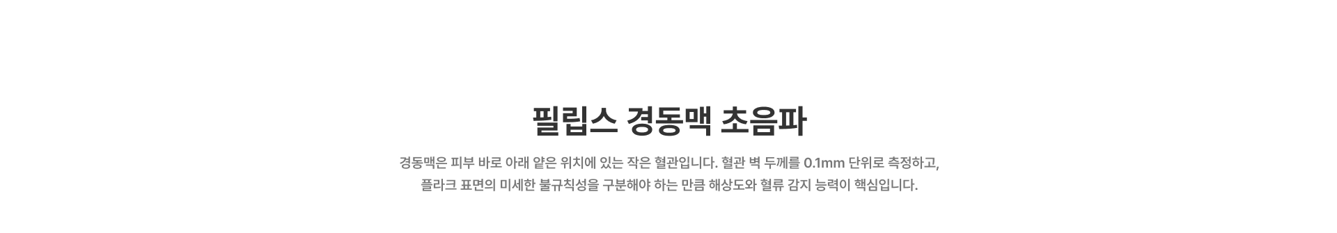 [필립스 경동맥 초음파] 경동맥은 피부 바로 아래 얕은 위치에 있는 작은 혈관입니다 혈관 벽 두께를 0.1mm 단위로 측정하고, 플라크 표면의 미세한 불규칙성을 구분해야 하는 만큼 해상도와 혈류 감지 능력이 핵심입니다